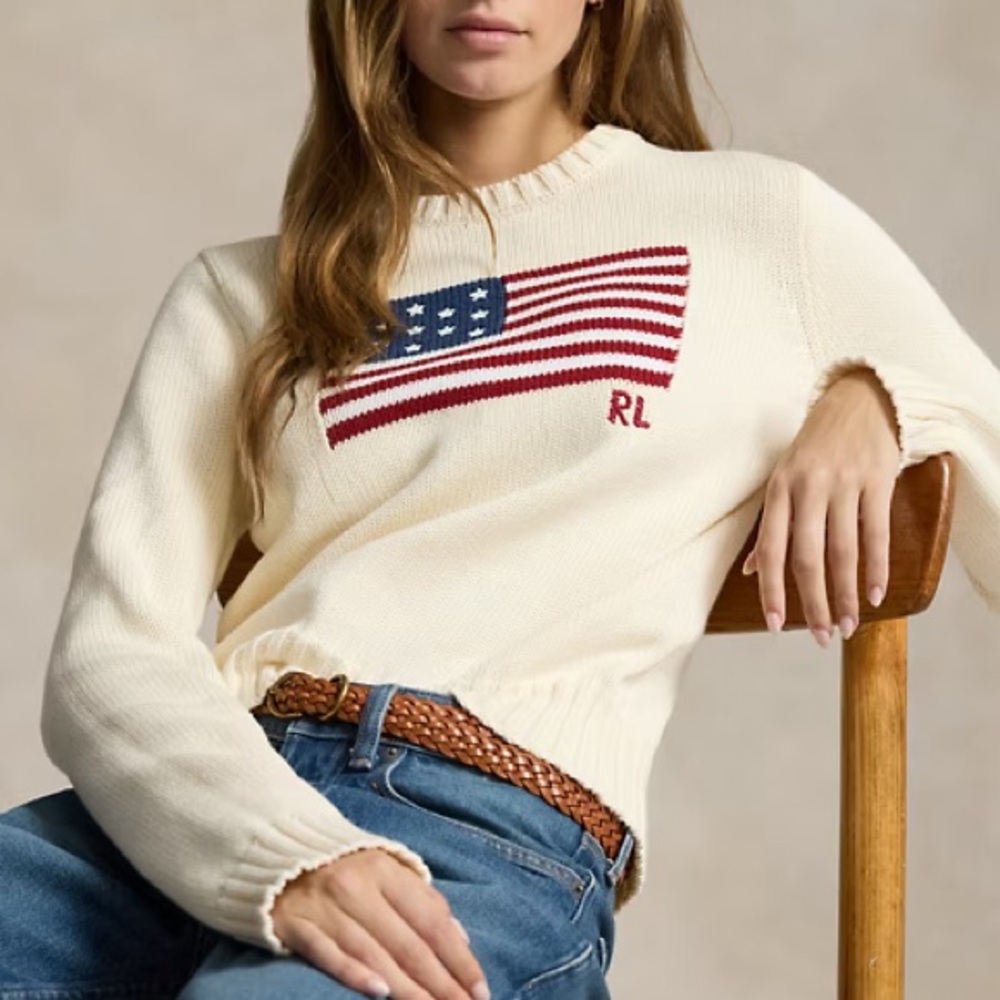 American Flag Cotton Crewneck Sweater Ralph Lauren Size Large